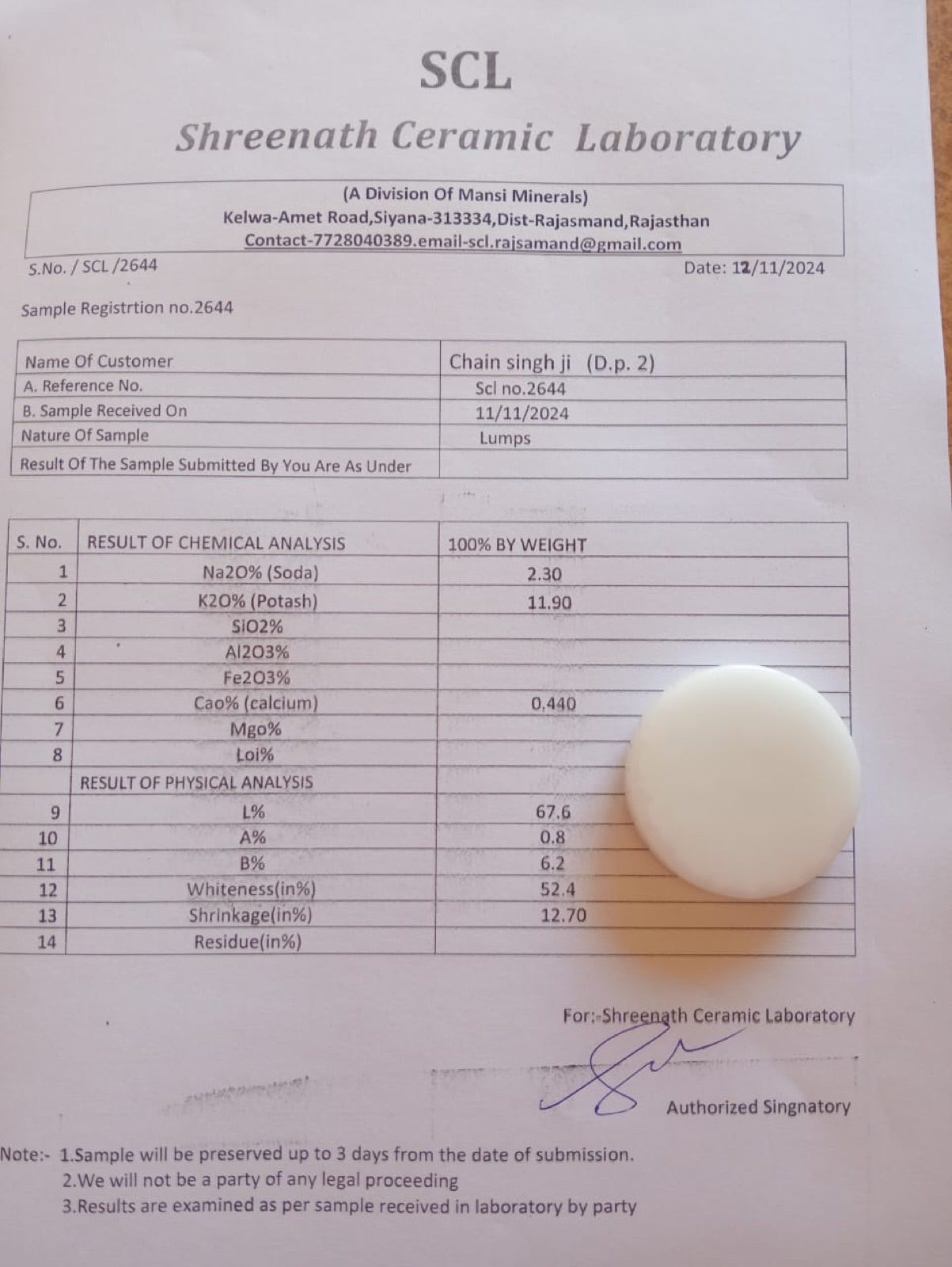 Ceramic laboratory fired disc whiteness test with report