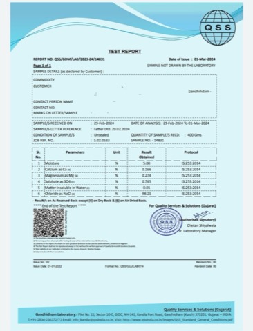 QSS Gujarat certified salt test report IS:253:2014