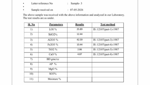 Laboratory test certificate for quartz shipment